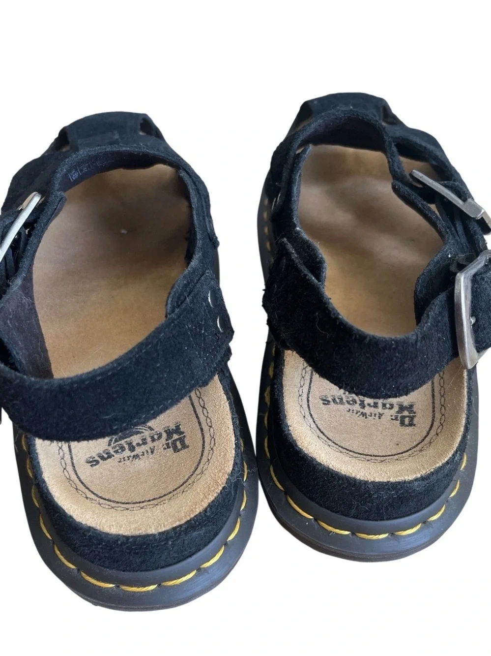 Dr. Martens Black Suede Buckle Fisherman Sandals with Yellow Stitching